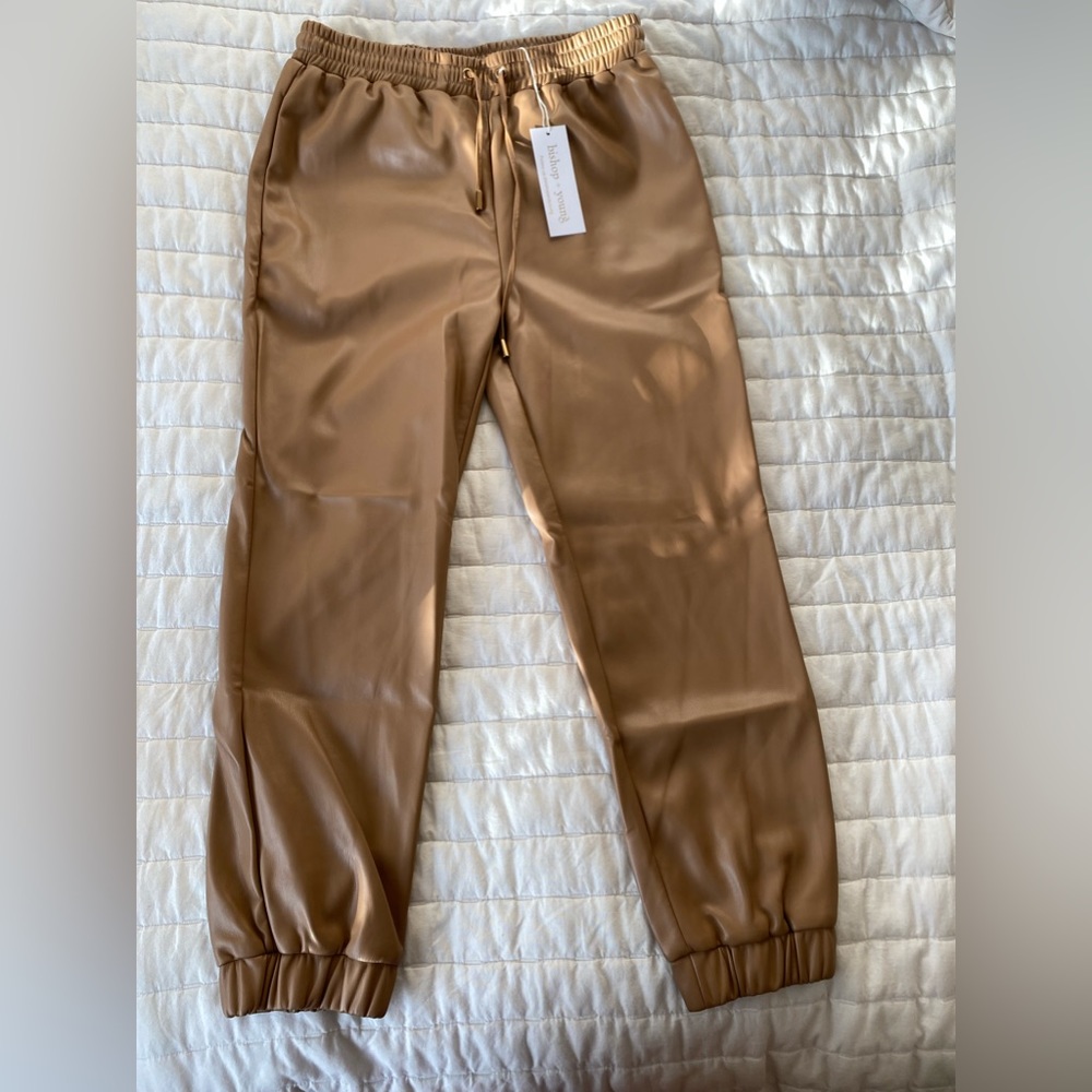 New with tags faux leather tan joggers
